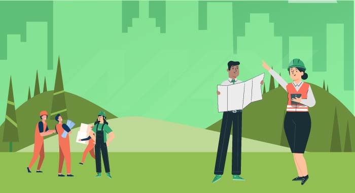 Arquitecto, ingeniero, cliente y albañiles reunidos en un terreno previo a la construcción de una casa