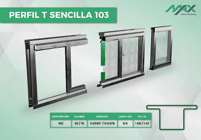 Esquema del perfil 103 para ventanas de herrería