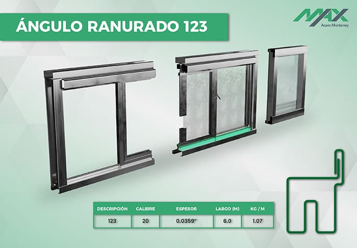 Esquema del perfil 123 para ventanas de herrería