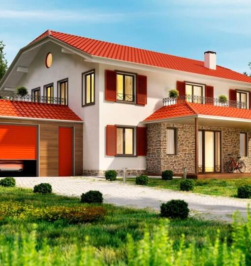 Casa de dos pisos con fachada de teja en garage y entrada