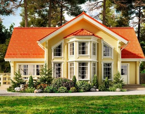 Casa de dos pìsos con fachada de teja española y ventanales