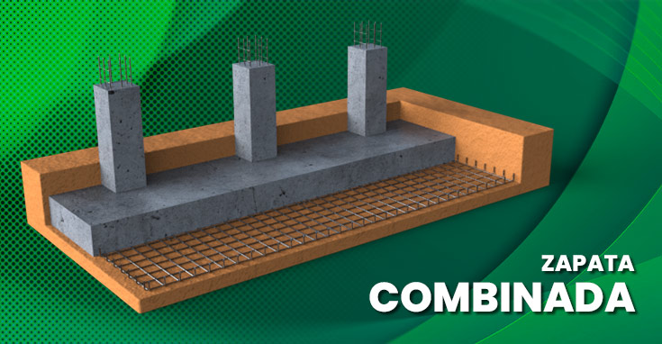 Diseño de una zapata combinada con columnas de concreto y malla de refuerzo en un fondo color verde