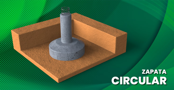 Representación 3d de una zapata circular en un cimiento rectangular en colores grises y marrón