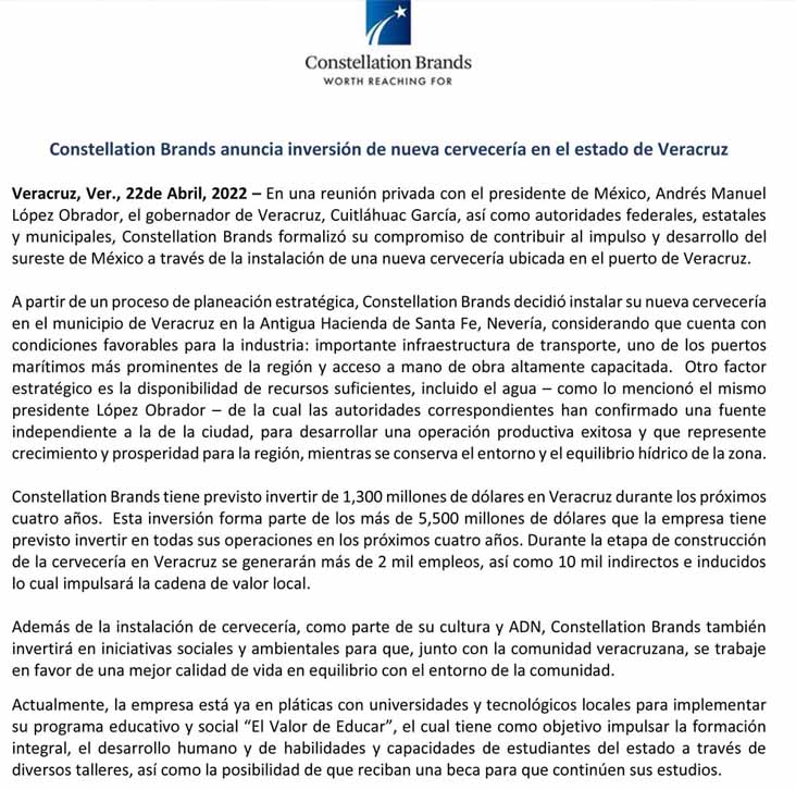 Comunicado de prensa emitido por la empresa cervecera Constellation Brands