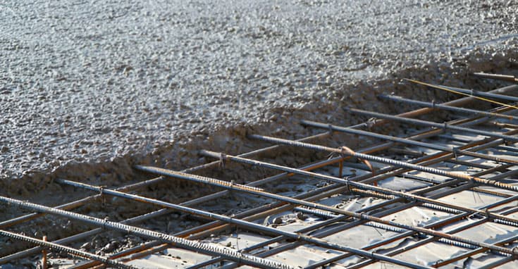 Acero de refuerzo en malla, visible bajo concreto fresco, mejora la resistencia y durabilidad de la estructura