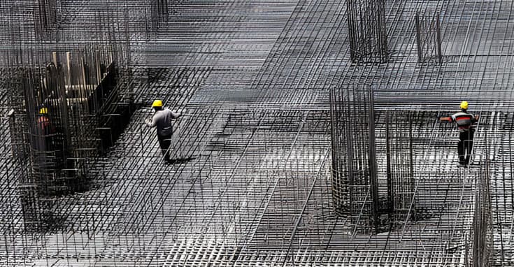 Trabajadores de la construcción en una obra con distintas estructuras hechas con aceros de refuerzo