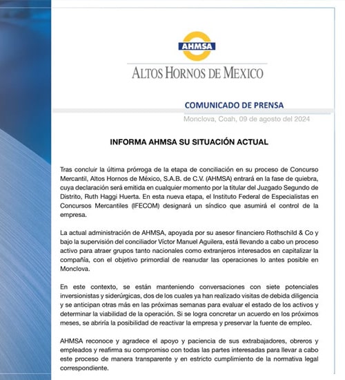 Altos Hornos comunicado oficial de fase de quiebra financiera