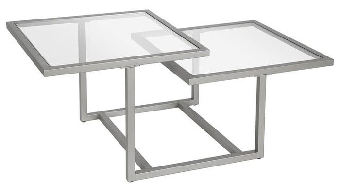 Mesa de centro en herrería con cristal con diseño asimétrico en color plateado