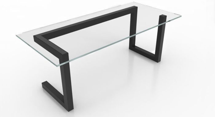 Mesa de centro en herrería con diseño continuo y superficie de cristal