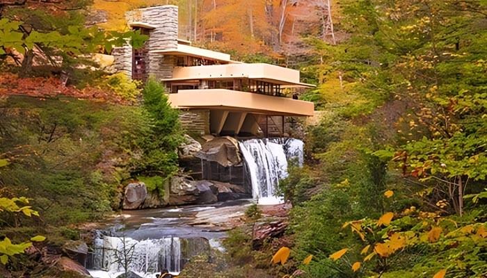 Casa Fallingwater con cascada que fluye debajo y amplia vegetación a su alrededor