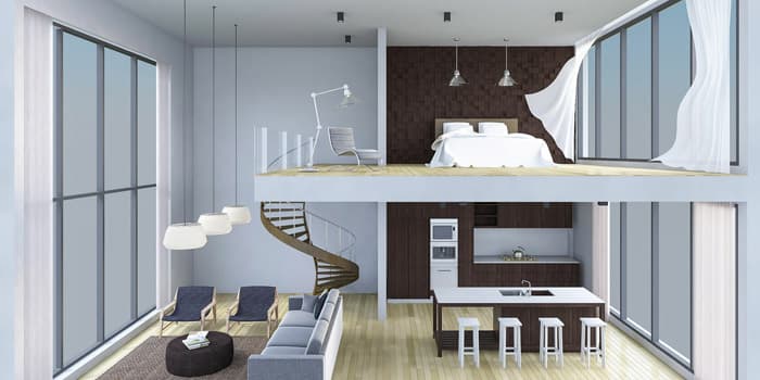 Andador de doble altura con grandes ventanales soportados por estructuras de acero - Casas minimalistas pequeñas