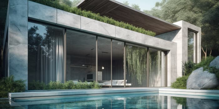 Casa lujosa de una planta con una alberca al frente - Casas minimalistas pequeñas