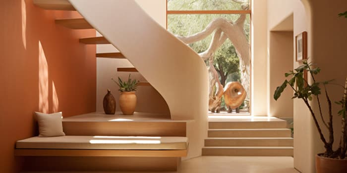 Recibidor de una vivienda minimalista de dos plantas pintada de color neutro