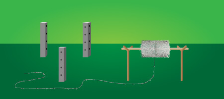 Persona desenrollando el almabre de púas con una estructura improvisada