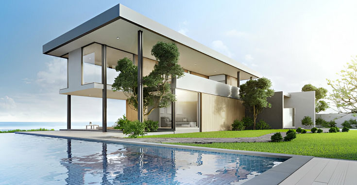 Residencia de dos pisos con jardín y alberca construida con columnas de acero