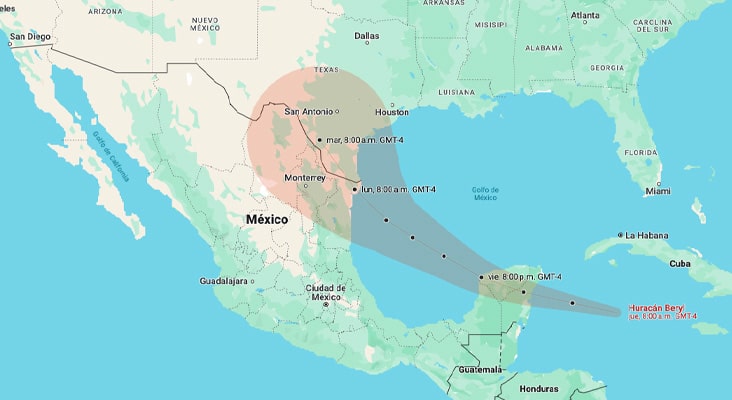 Trayectoria del Huracán Beryl (mié, 2:00 p.m. GMT-4) Creditos de imagen: Google Maps