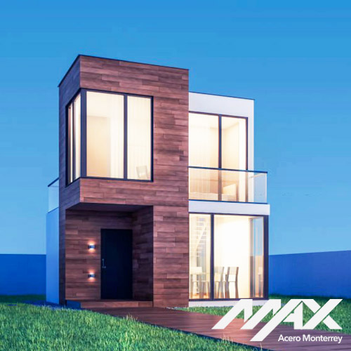 Casas pequeñas y modernas de dos pisos con iluminación cálida en interior