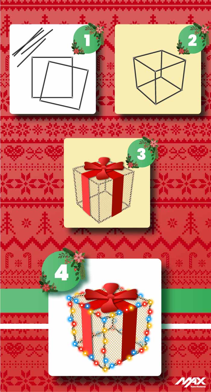 Diagrama de los pasos a seguir para hacer adornos en forma de regalos navideños