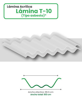 Lámina acrílica en acanalado T-10 sobre fondo blanco con esquema y medidas