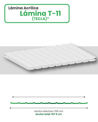 Lámina acrílica en acanalado T-11 sobre fondo blanco con esquema y medidas