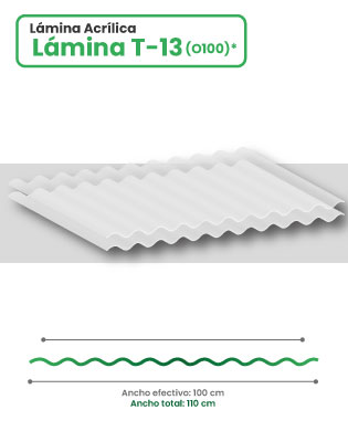 Lámina acrílica en acanalado T-13 sobre fondo blanco con esquema y medidas
