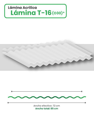 Lámina acrílica en acanalado T-16 sobre fondo blanco con esquema y medidas