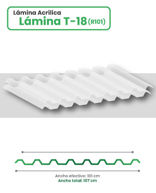 Lámina acrílica en acanalado T-18 sobre fondo blanco con esquema y medidas