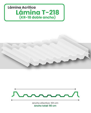 Lámina acrílica en acanalado T-218 sobre fondo blanco con esquema y medidas