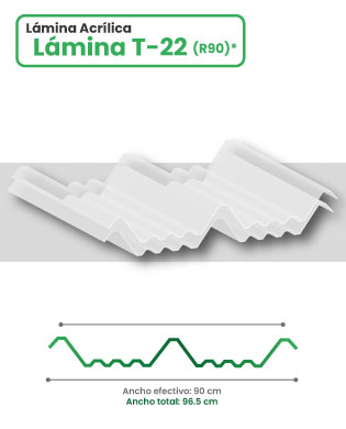 Lámina acrílica en acanalado T-22 sobre fondo blanco con esquema y medidas