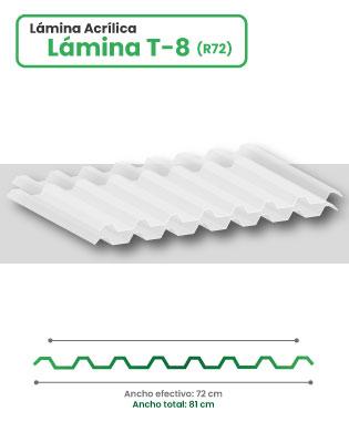 Lámina acrílica en acanalado T-8 sobre fondo blanco con esquema y medidas