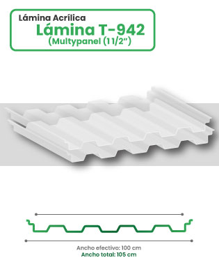 Lámina acrílica en acanalado T-942 sobre fondo blanco con esquema y medidas