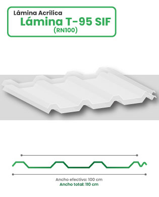 Lámina acrílica en acanalado T-95 SIF sobre fondo blanco con esquema y medidas
