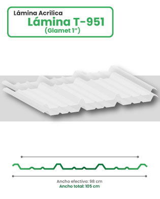 Lámina acrílica en acanalado T-951 sobre fondo blanco con esquema y medidas