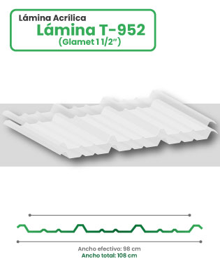 Lámina acrílica en acanalado T-952 sobre fondo blanco con esquema y medidas