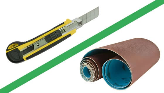 Cuchilla y lija usadas para corte de lámina de poliéster