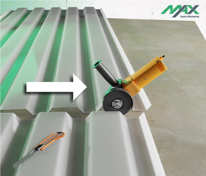 Gráfico 3D de esmeril angular cortando una lámina de poliéster