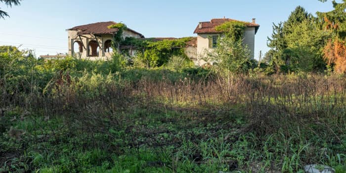 Casa abandonada con signos de deterioro en medio de una zona boscosa