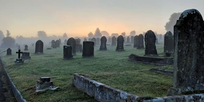 Cementerio lleno de lápidas desgastadas y cubiertas por vegetación