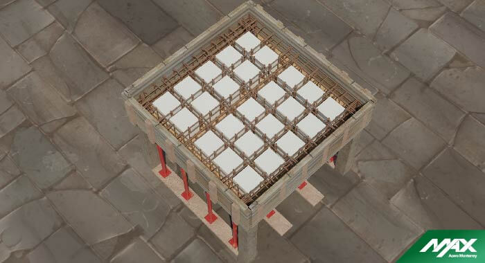 Casetones blancos instalados entre los espacios de las armaduras de acero