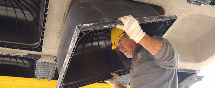 Constructor retirando un casetón de unicel de una losa reticular construida