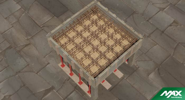 Esquema de la cuadrícula de vigas y trabes de una losa reticular en construcción