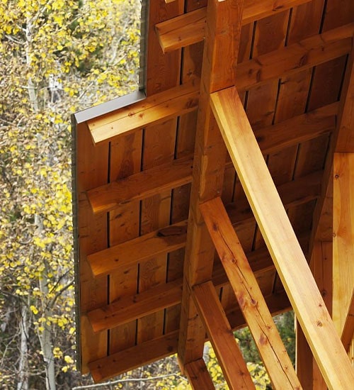 Marquesina moderna con soportes y cubierta de madera en una zona boscosa