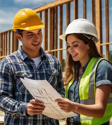 Trabajadores en construcción revisando planos y documentos