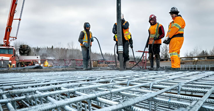 Trabajadores colocando cimbra metálica para pavimento hidráulico