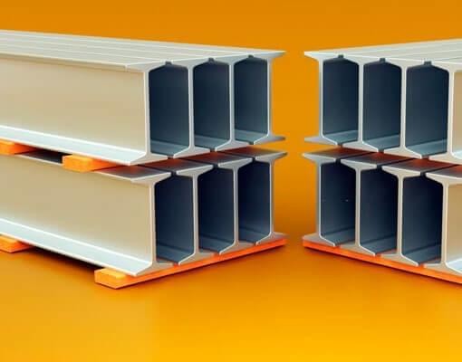 Vigas prefabricadas de acero IPS apiladas en bodega