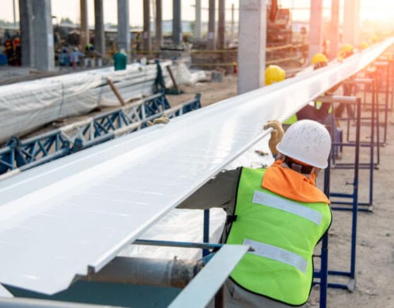 Trabajadores cargando lámina para arcotecho en sitio de construcción
