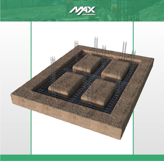 Zapata corrida  en terreno con armaduras de acero en cuatro secciones formadas